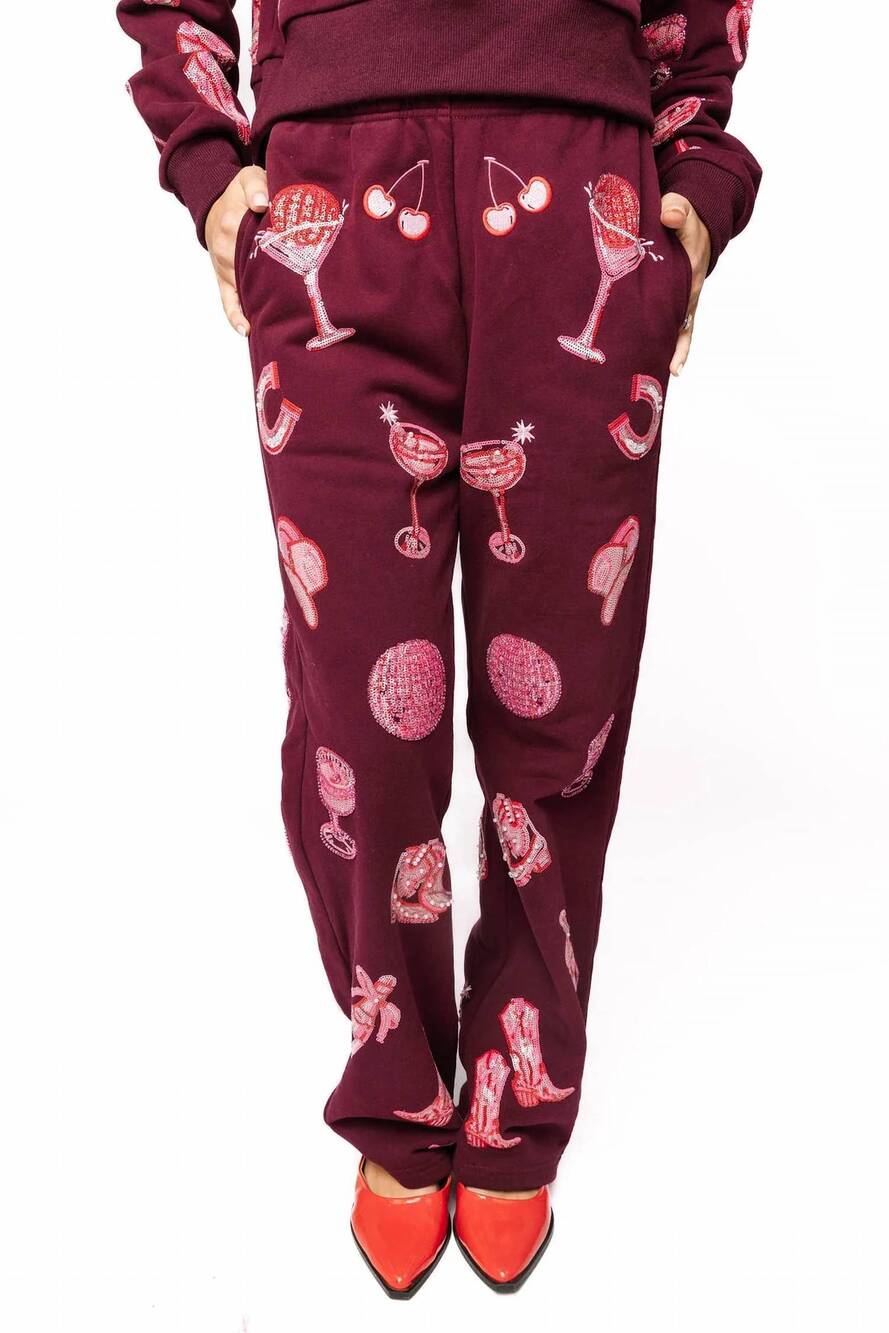 NEW QUEEN OF SPARKLES disco cowgirl icon sweatpants in dark plum & pink